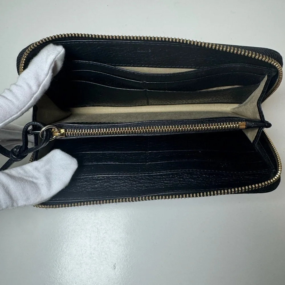 Chloé Continental Long Black Zippy Leather Wallet with Gold Tone Hardware